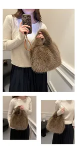 Detailed shot of fluffy faux fur handbag, soft plush winter bucket bag for women, cozy brown tote.