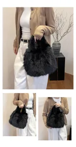 Detail view of the soft black faux fur handbag showing texture, plush design and style.