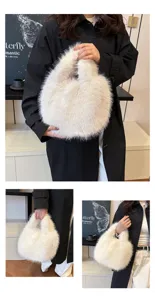 Fluffy faux fur handbag for women, soft winter plush bucket bag, stylish fuzzy tote purse.