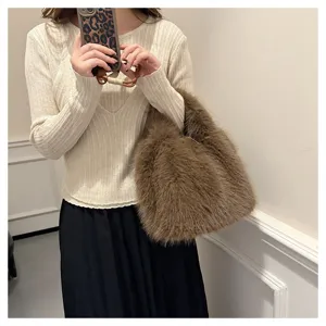 Fluffy faux fur handbag for women winter plush bucket bag stylish shoulder bag aesthetic