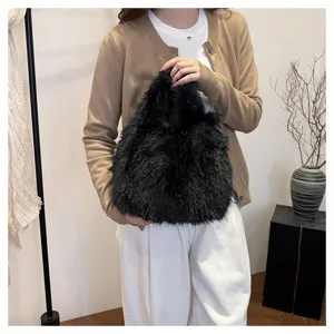 Fluffy black faux fur handbag for women winter plush bucket bag cute soft shopper tote
