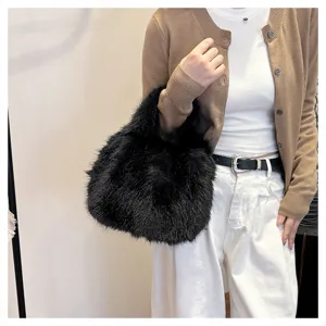 Black faux fur handbag plush fluffy bucket bag winter fashion women casual purse detail