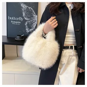 Fluffy faux fur handbag for women winter new stylish plush bucket bag soft hand bag