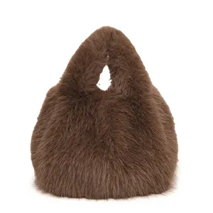 Fluffy Faux Fur Handbag Winter Plush Tote Bag Brown Soft Bucket Bag For Women Daily