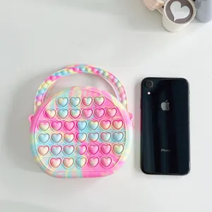 Rainbow silicone heart push pop bubble crossbody bag fashion trendy toy handbag for women.