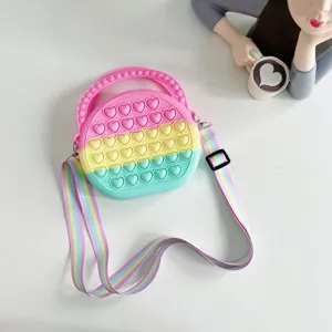 Rainbow silicone pop it crossbody bag with heart bubbles, cute shoulder bag for girls and women.