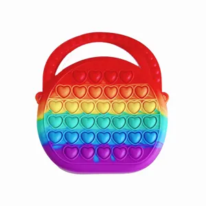 Rainbow silicone heart pop it crossbody bag fidget toy for women and kids cute fashion.