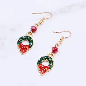 Christmas Wreath Earrings Gold Red Beaded Holiday Festive Jewelry Gift for Women