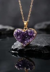 Natürlicher Amethyst Kristall Herz Anhänger Vergoldet Handgemachter Edelstein Schmuck