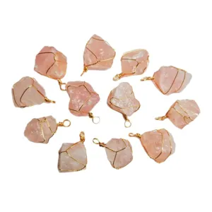 Natural rose quartz rough stone pendants with handmade gold wire wrapping, crystal jewelry.