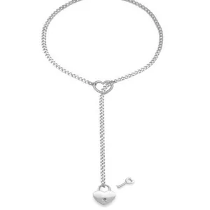Vue détaillée du collier cravate cadenas et clé en cœur, finition argentée élégante.