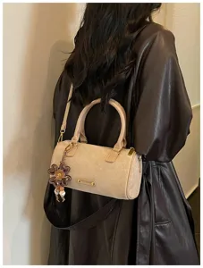 Retro suède boston tas voor vrouwen, elegante schoudertas crossbody met bloemhangers.