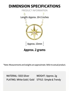 Detailed view of S925 sterling silver compass star pendant necklace, 15mm size, 40+5cm chain.