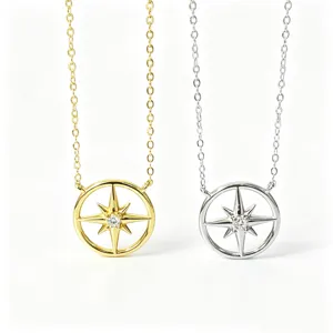 Minimalist 925 Sterling Silver Octagram Compass Pendant Necklace Hollow Round Clavicle Chain Fashion Jewelry Gift for Women