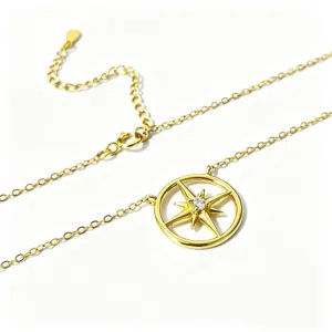 S925 sterling silver compass star necklace, elegant hollow round pendant with dazzling single stone.