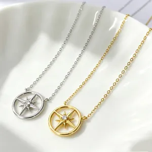 Minimalist 925 sterling silver compass star pendant necklace, elegant circular clavicle chain.