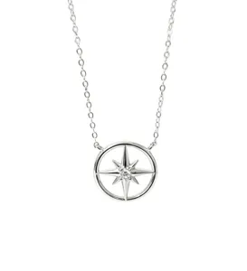 S925 Sterling Silver Compass Star Pendant Necklace Minimalist Hollow Round Chain.