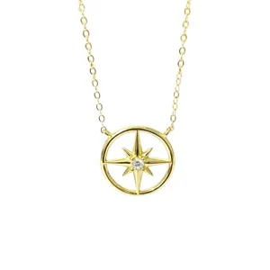 S925 Sterling Silver Compass Star Necklace Minimalist Hollow Round Pendant Jewelry