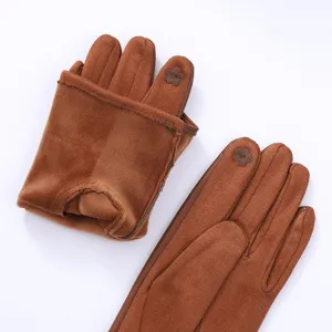 Women's winter warm touch screen gloves faux leather fleece lined brown cycling main