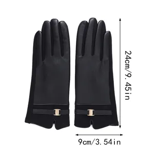 Women winter warm touch screen faux leather gloves with metal buckle design black main view