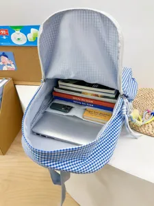 Koreanischer Stil blau-weißer Vichy-Karos Rucksack große Kapazität Schultasche Ansicht
