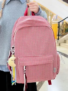 Koreanischer rot-weißer Vichy-Karo-Rucksack für Damen, große Kapazität, Freizeitschultasche.