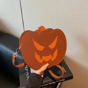 Niedliche Kürbis Form Halloween Umhängetasche, stilvolle braune PU Leder Damentasche.