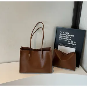Solid color soft leather tote bag with matching pouch, large capacity minimalist shoulder bag.