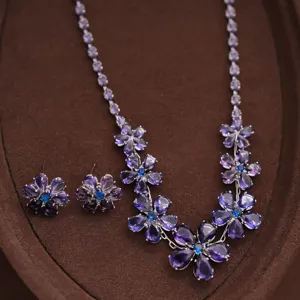 Vintage crystal flower necklace earrings set elegant purple rhinestone jewelry for women detail view