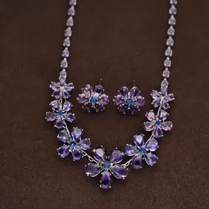 Elegant purple crystal flower jewelry set necklace and earrings for women banquet party wear.