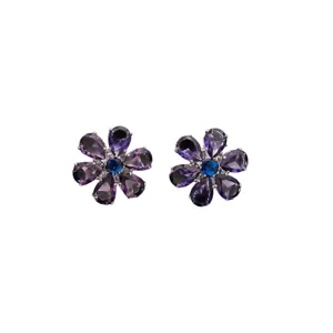 Elegant purple teardrop gem flower earrings with blue center crystal for women banquets.