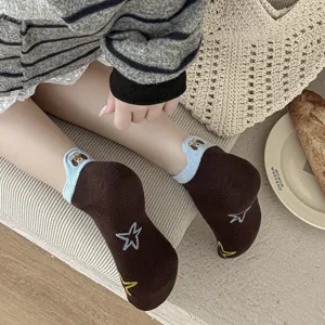Cute women's ankle socks featuring adorable puppy embroidery and cute star patterns for spring and autumn.