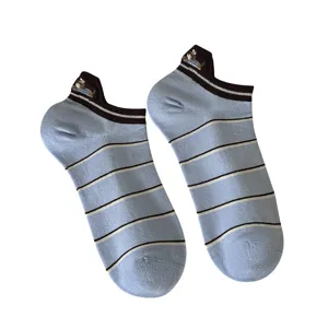Women cute striped short socks with embroidered bear heel design breathable cotton daily wear
