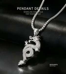 Dragon pendant detail shot, sterling silver and sparkling moissanite stones, hip-hop jewelry.