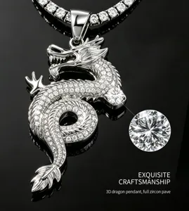Close-up detail of the iced out silver dragon pendant featuring sparkling pave cubic zirconia.
