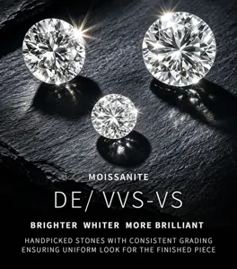 Close-up detail of brilliant cut loose moissanite stones with sparkling fire and exceptional clarity.