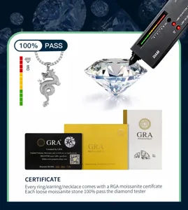 Men silver moissanite dragon pendant necklace with GRA certificate and diamond tester display.