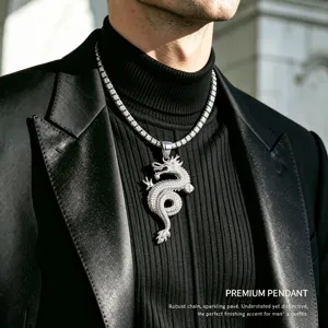 Men's Hip-Hop Sterling Silver Dragon Pendant Necklace with Moissanite Pave Sparkle.