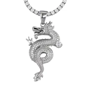 Silver dragon pendant necklace iced out cubic zirconia hip hop jewelry for men accessory