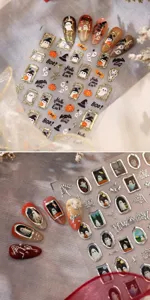 Halloween vintage frame ghost nail art stickers metallic gold dark style press on nails detail