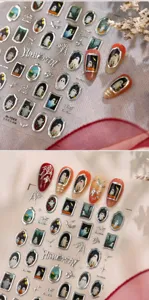 Close-up details of retro photo frame ghost Halloween nail stickers with silver metallic finish.