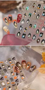 Halloween vintage ghost nail art stickers with metallic photo frames for DIY nail design.