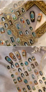 Detailed view of Halloween vintage ghost nail stickers with gold foil frame design elements.