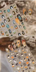 Halloween nail stickers with vintage gold frames, ghost and pumpkin designs for cute dark style nail art.