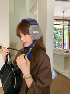Winter warm fleece earmuffs for women, cute knit striped ear warmers with cute ties for cold days.