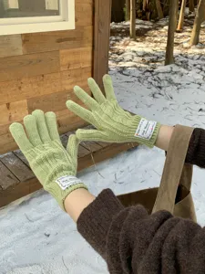 Comodi guanti in maglia a trecce verdi da donna, eleganti guanti invernali caldi dettaglio.