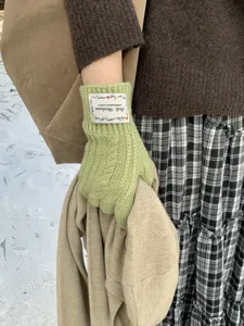 Primo piano di guanti invernali in maglia verde chiaro con trecce ed etichetta polso.
