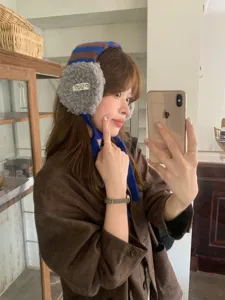 Winter warm knitted earmuffs with lambswool, cute stripe design and soft ear warmers for women.