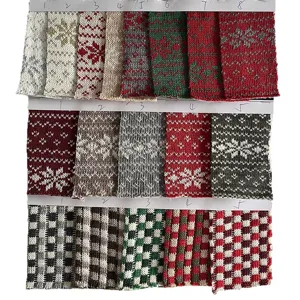 Christmas jacquard knitted woolen fabric swatch set with festive snowflake and plaid designs.