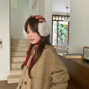 Women's Korean Style Lambswool Striped Knitted Earmuffs Winter Warm Windproof Ear Warmers With Tie Strap Outdoor Cold Weather Accessory